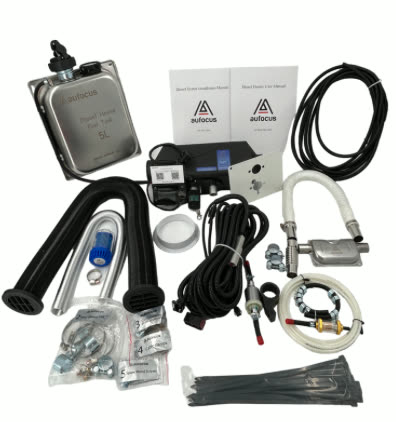 AU Focus diesel heater unit — brushed aluminium and copper
